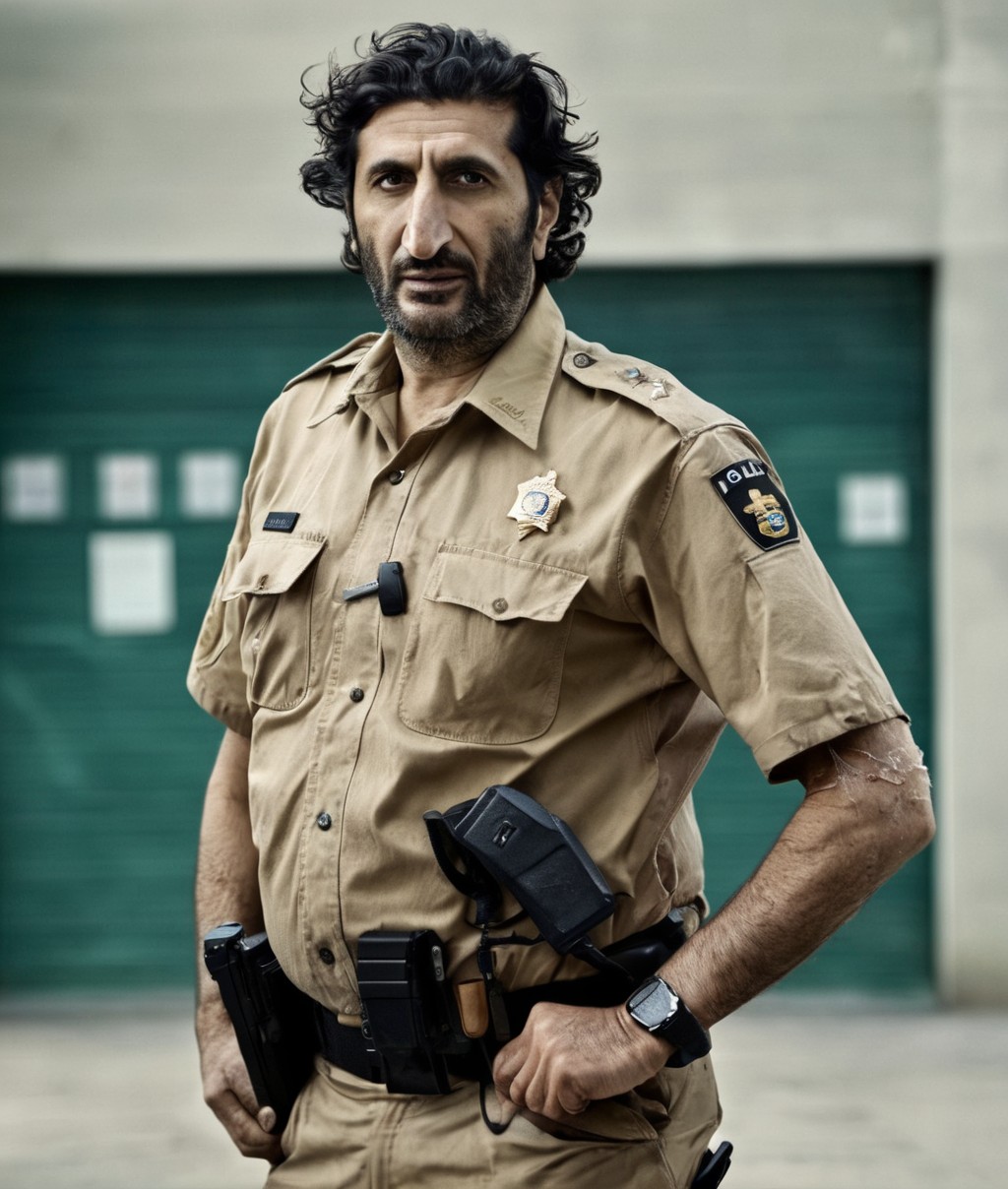 09728-1332445366-_lora_Fares_Fares_Flexible_0.8_ full body shot, photo of Fares Fares in a police uniform, front view, in front of a bulding, age.jpg